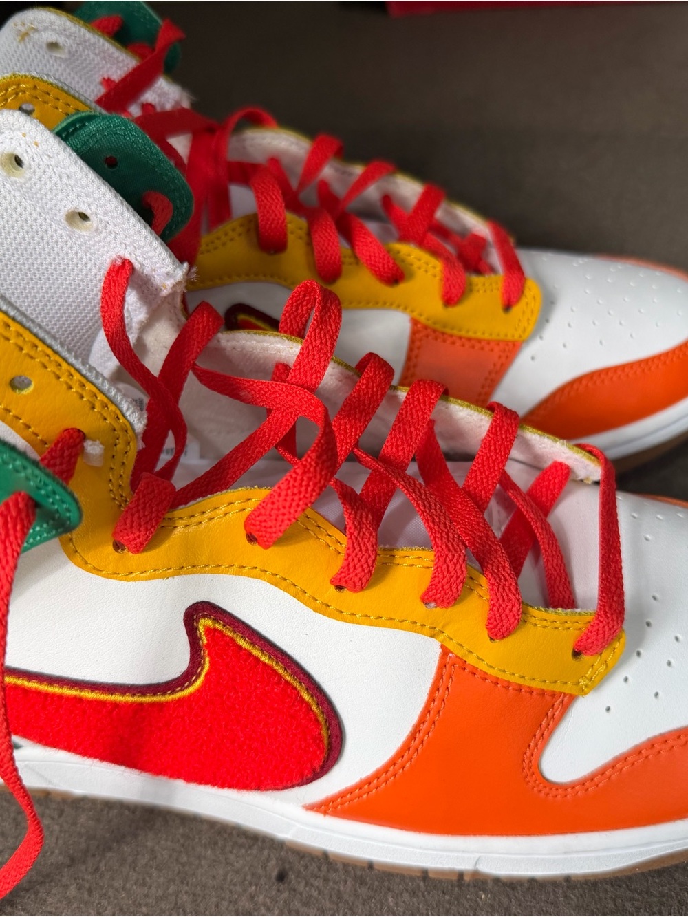 Nike Mens Dunk Hi Retro Colorblock Sneakers in Red, Orange, Yellow, Green, White